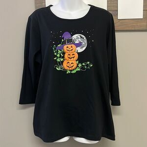 Holiday Editions Halloween Black 3/4 Sleeve T-Shirt with Pumpkins Witch Hat- 1X